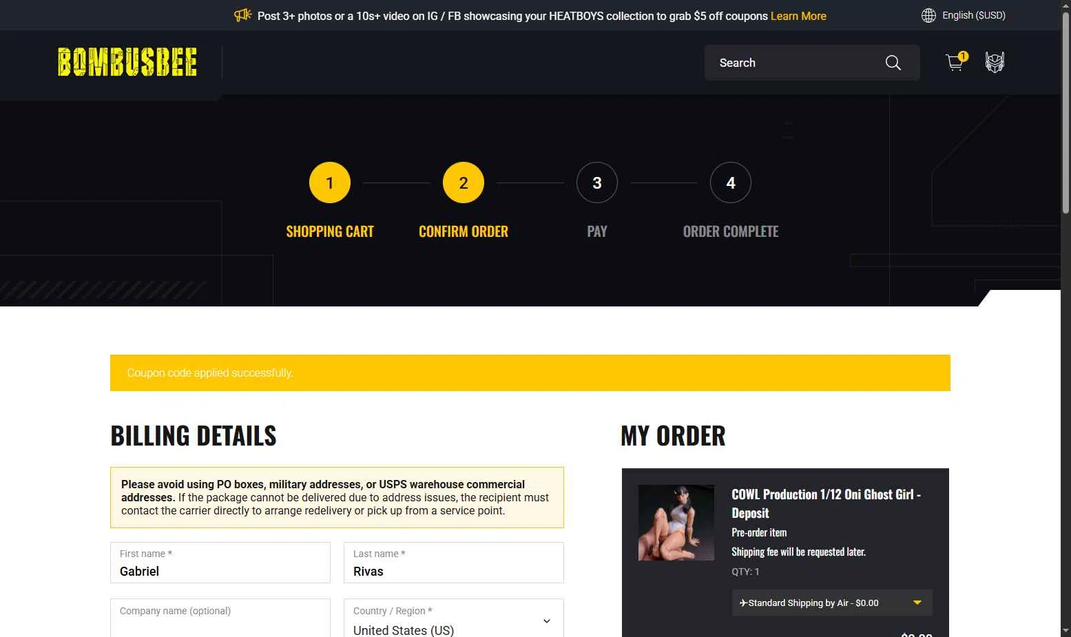 Bombusbee checkout page showing Bombusbee promo code box | Screenshot taken by SimplyCodes community member on Dec 22, 2025