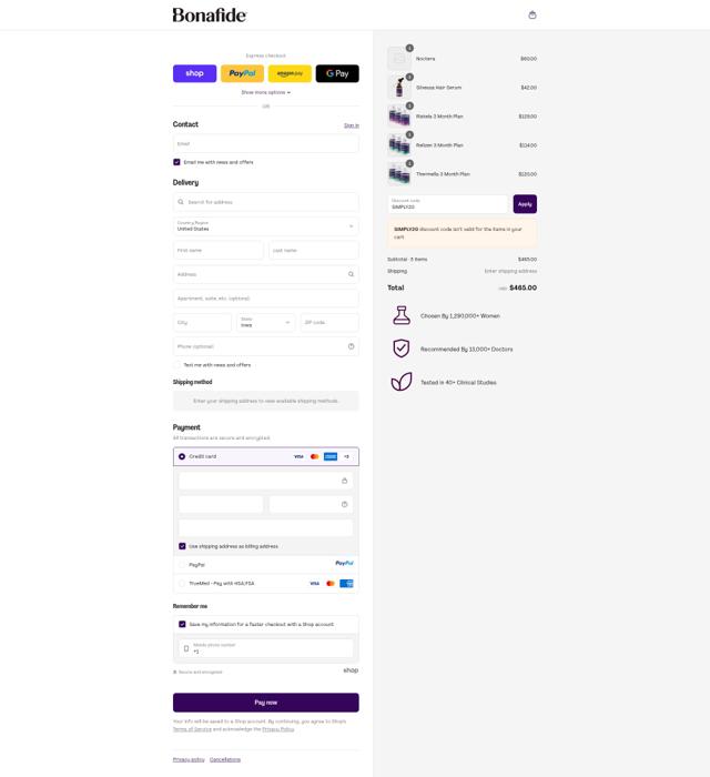 Bonafide checkout page showing Bonafide discount code box | Screenshot taken by SimplyCodes community member on Sep 12, 2025