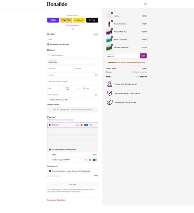 Bonafide checkout page showing Bonafide discount code box | Screenshot taken by SimplyCodes community member on Aug 30, 2025