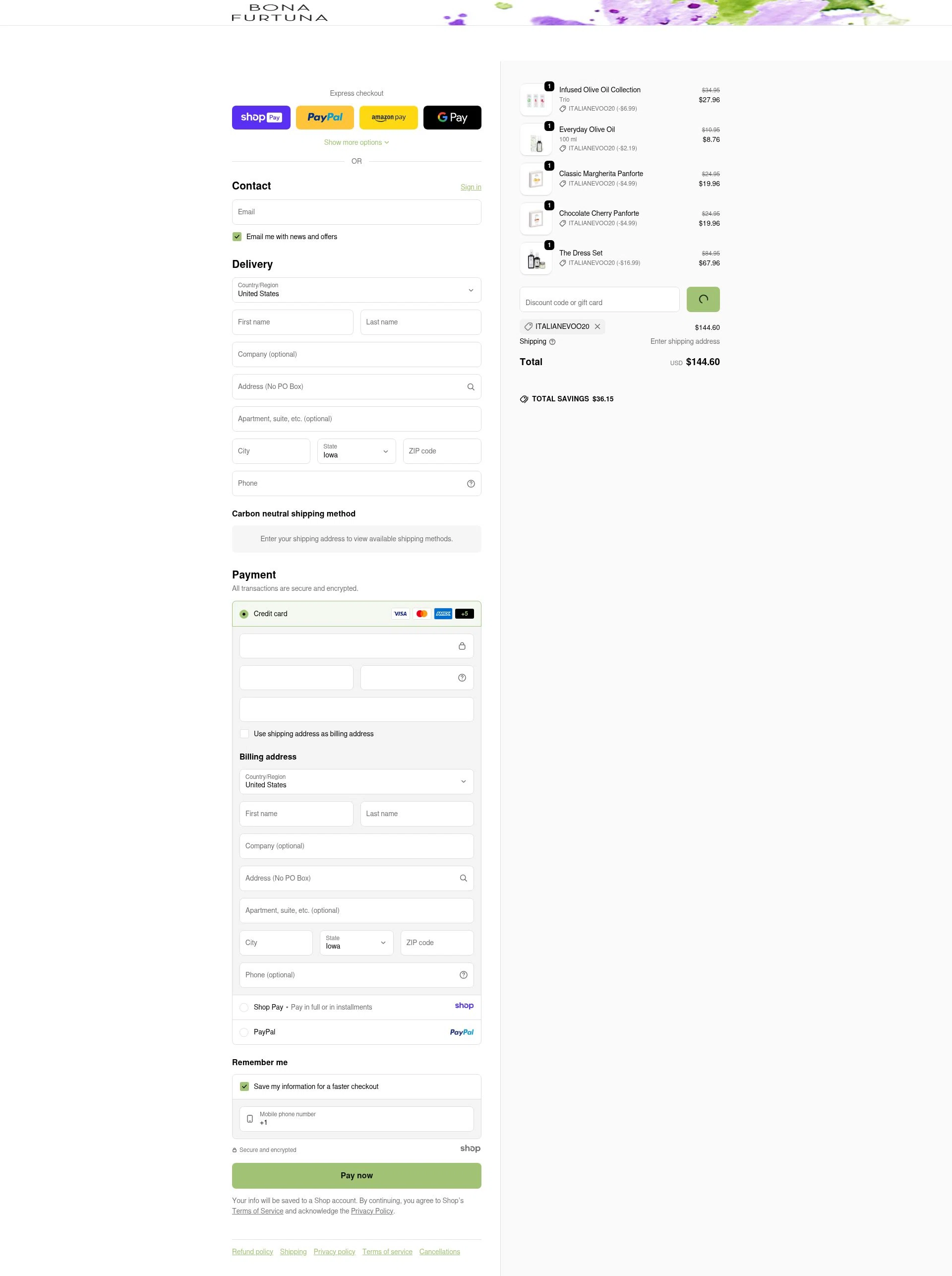 Bona Furtuna checkout page showing Bona Furtuna discount code box | Screenshot taken by SimplyCodes community member on Jan 10, 2026