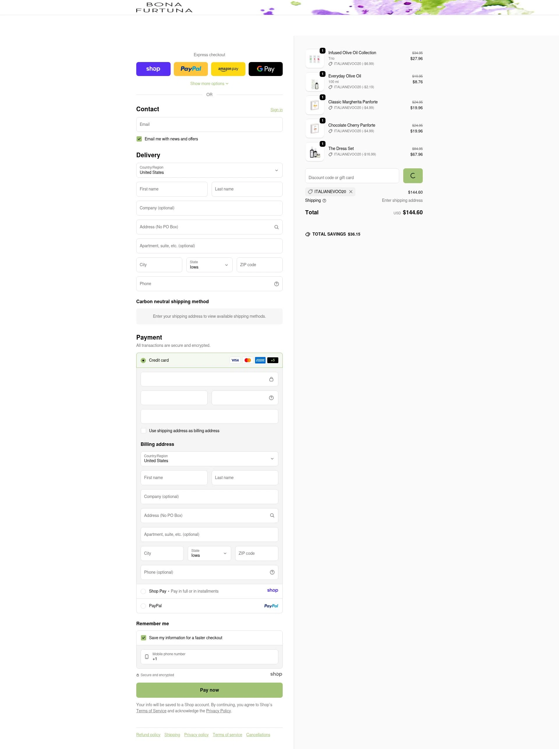 Bona Furtuna checkout page showing Bona Furtuna discount code box | Screenshot taken by SimplyCodes community member on Jan 5, 2026