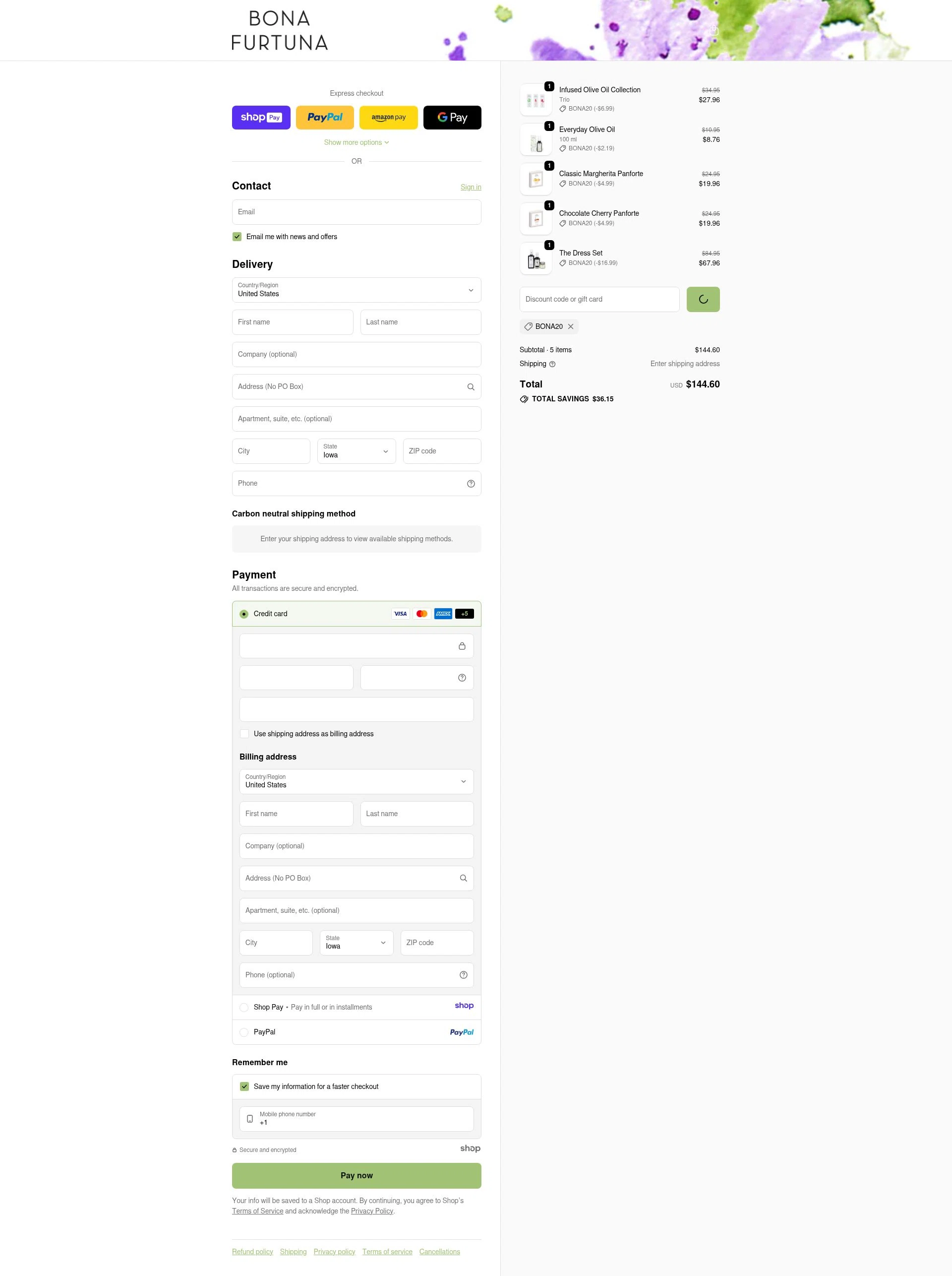 Bona Furtuna checkout page showing Bona Furtuna discount code box | Screenshot taken by SimplyCodes community member on Jan 10, 2026