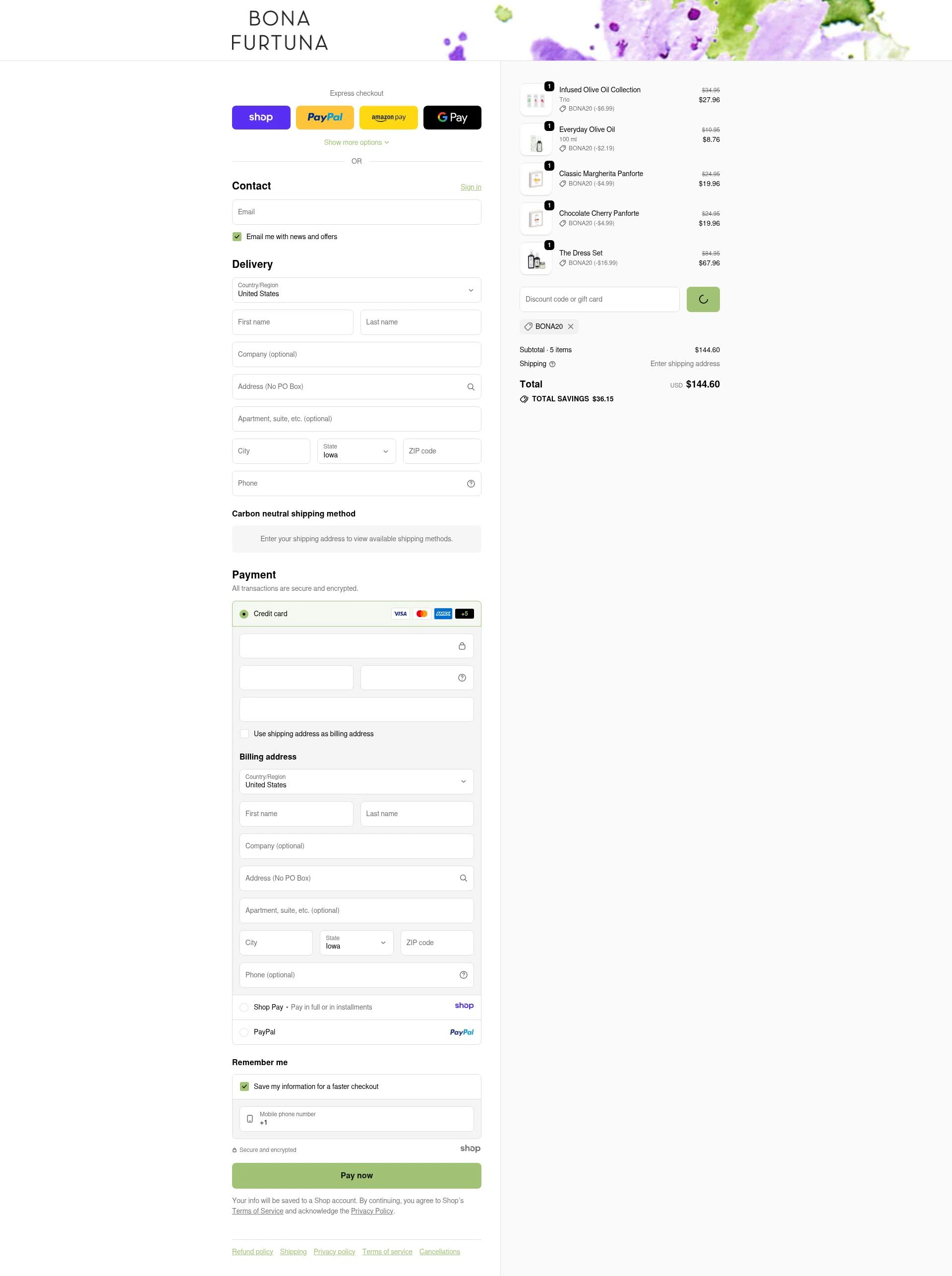 Bona Furtuna checkout page showing Bona Furtuna discount code box | Screenshot taken by SimplyCodes community member on Jan 5, 2026