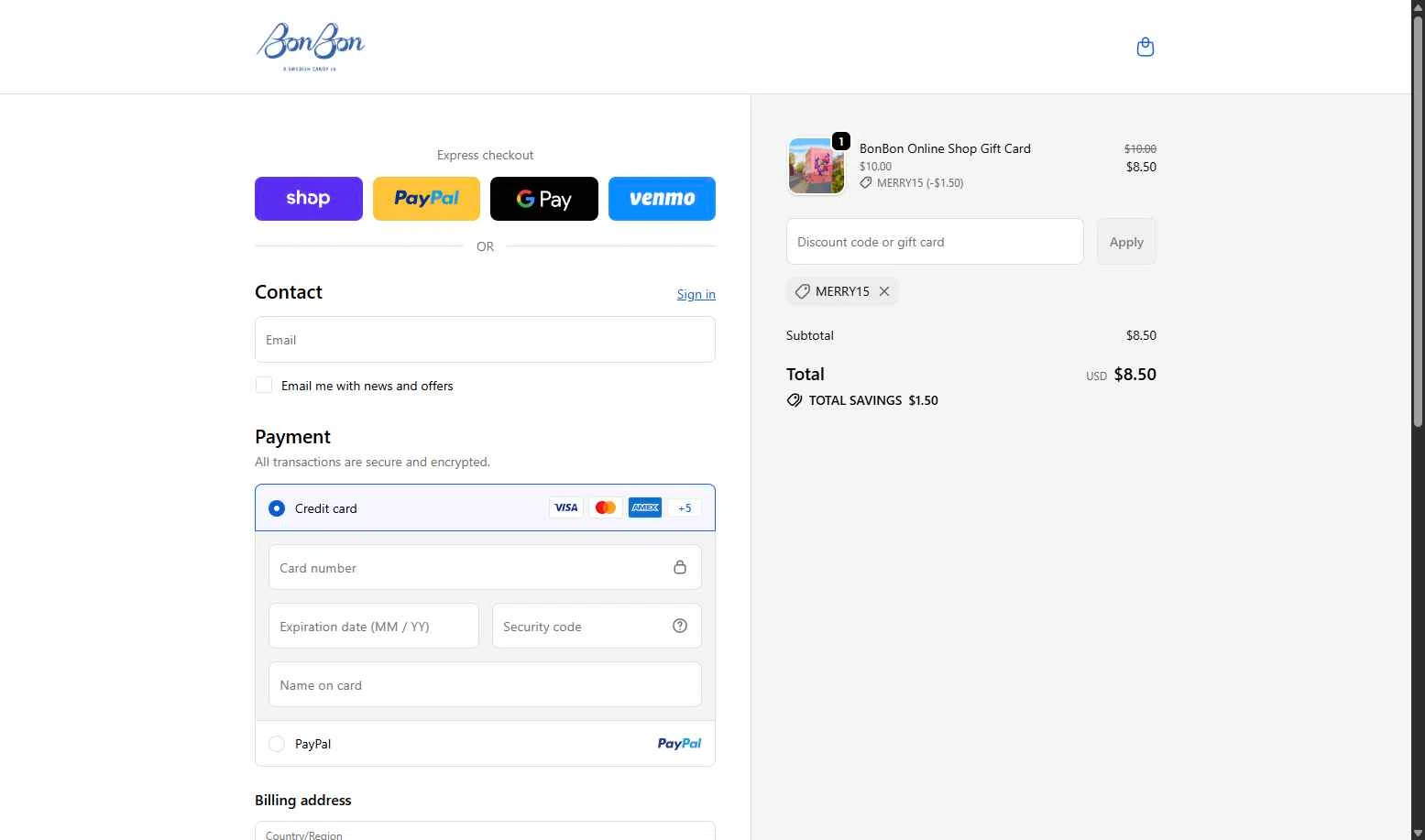 BonBon Candy checkout page showing BonBon Candy promo code box | Screenshot taken by SimplyCodes community member on Dec 25, 2025