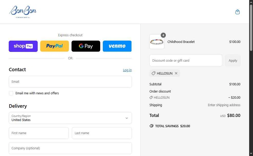 BonBon Candy checkout page showing BonBon Candy promo code box | Screenshot taken by SimplyCodes community member on May 5, 2025