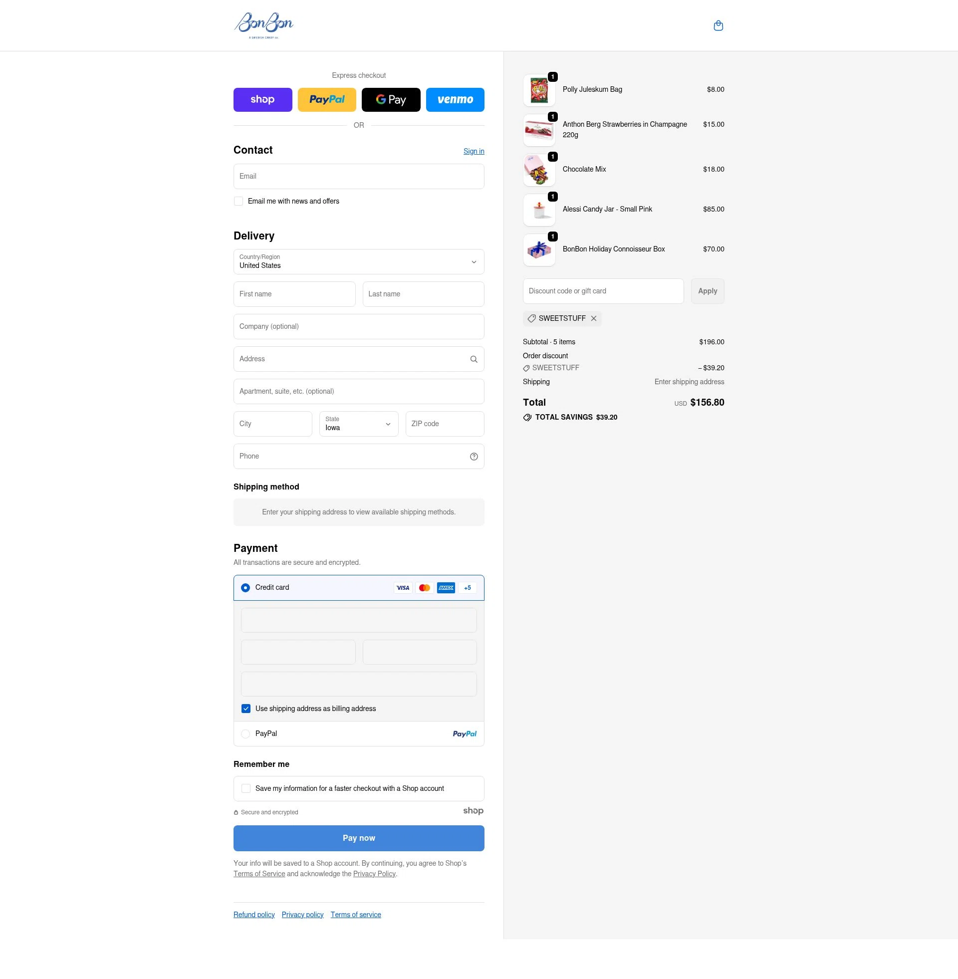 BonBon Candy checkout page showing BonBon Candy promo code box | Screenshot taken by SimplyCodes community member on Nov 29, 2025