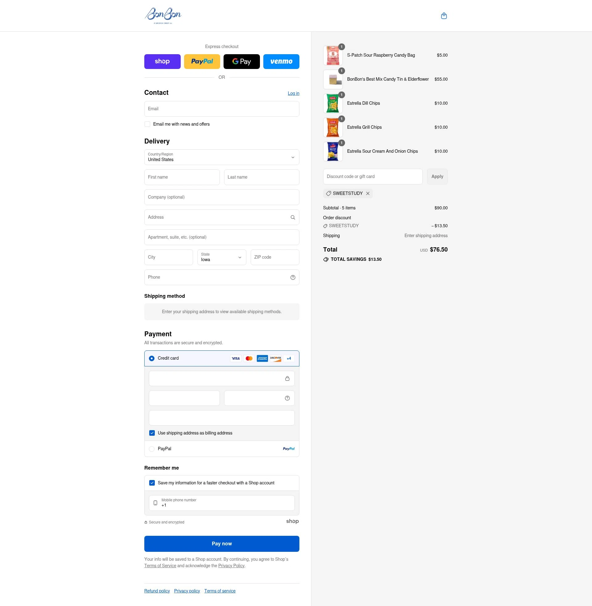 BonBon Candy checkout page showing BonBon Candy promo code box | Screenshot taken by SimplyCodes community member on Aug 30, 2025