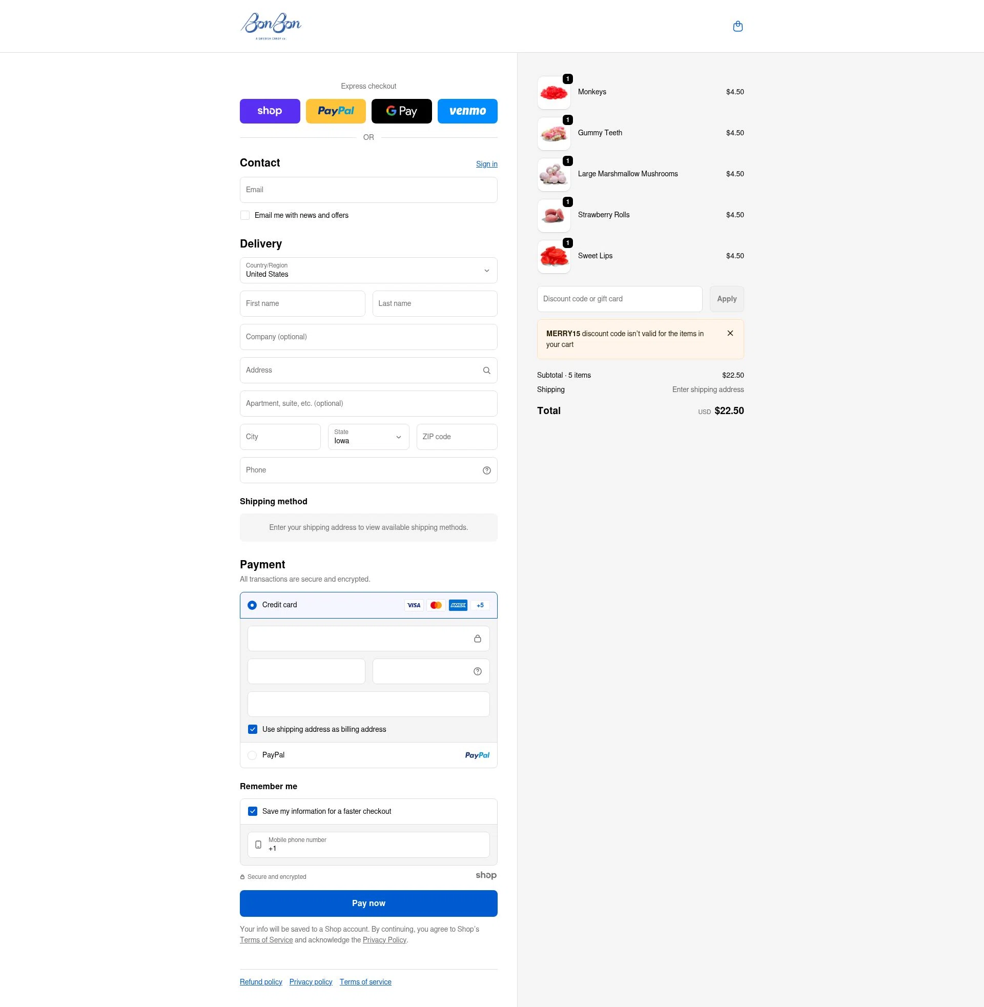 BonBon Candy checkout page showing BonBon Candy promo code box | Screenshot taken by SimplyCodes community member on Dec 27, 2025