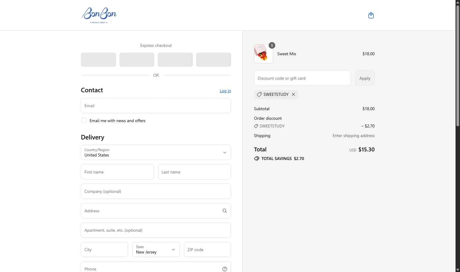 BonBon Candy checkout page showing BonBon Candy promo code box | Screenshot taken by SimplyCodes community member on Aug 28, 2025
