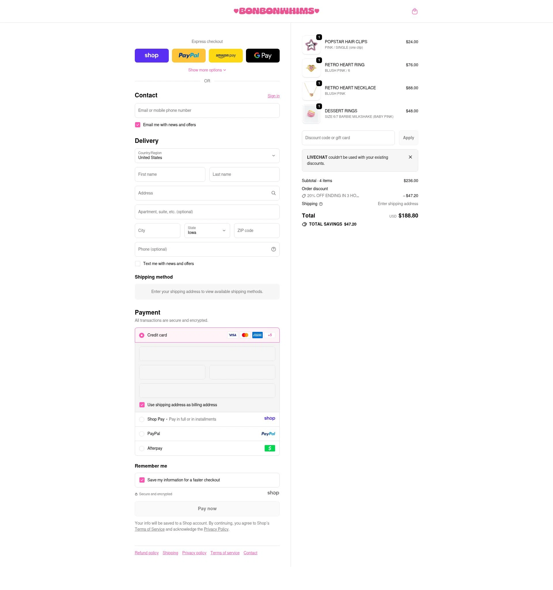 Bonbonwhims checkout page showing Bonbonwhims promo code box | Screenshot taken by SimplyCodes community member on Dec 30, 2025