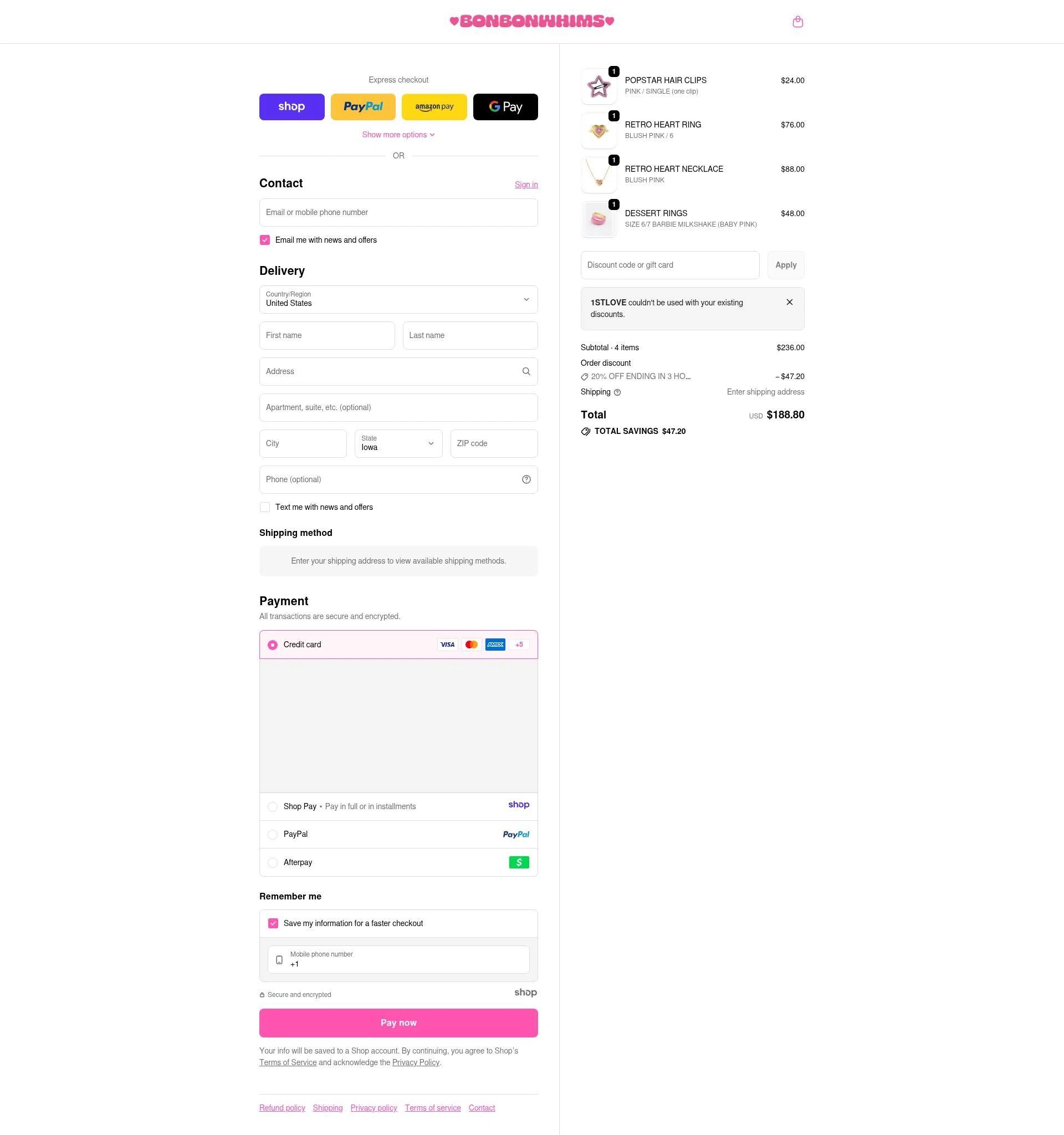 Bonbonwhims checkout page showing Bonbonwhims promo code box | Screenshot taken by SimplyCodes community member on Dec 30, 2025