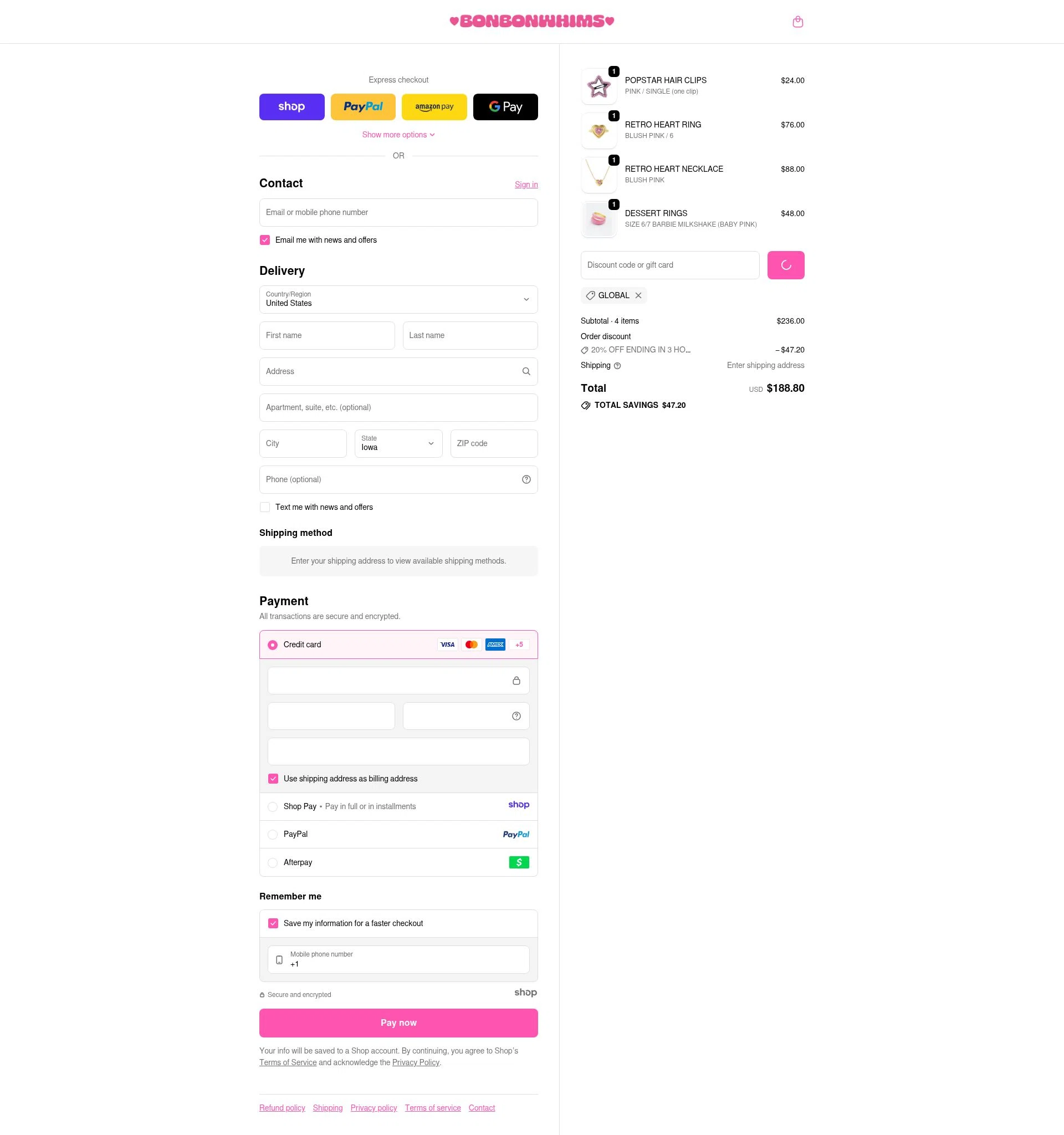 Bonbonwhims checkout page showing Bonbonwhims promo code box | Screenshot taken by SimplyCodes community member on Dec 30, 2025