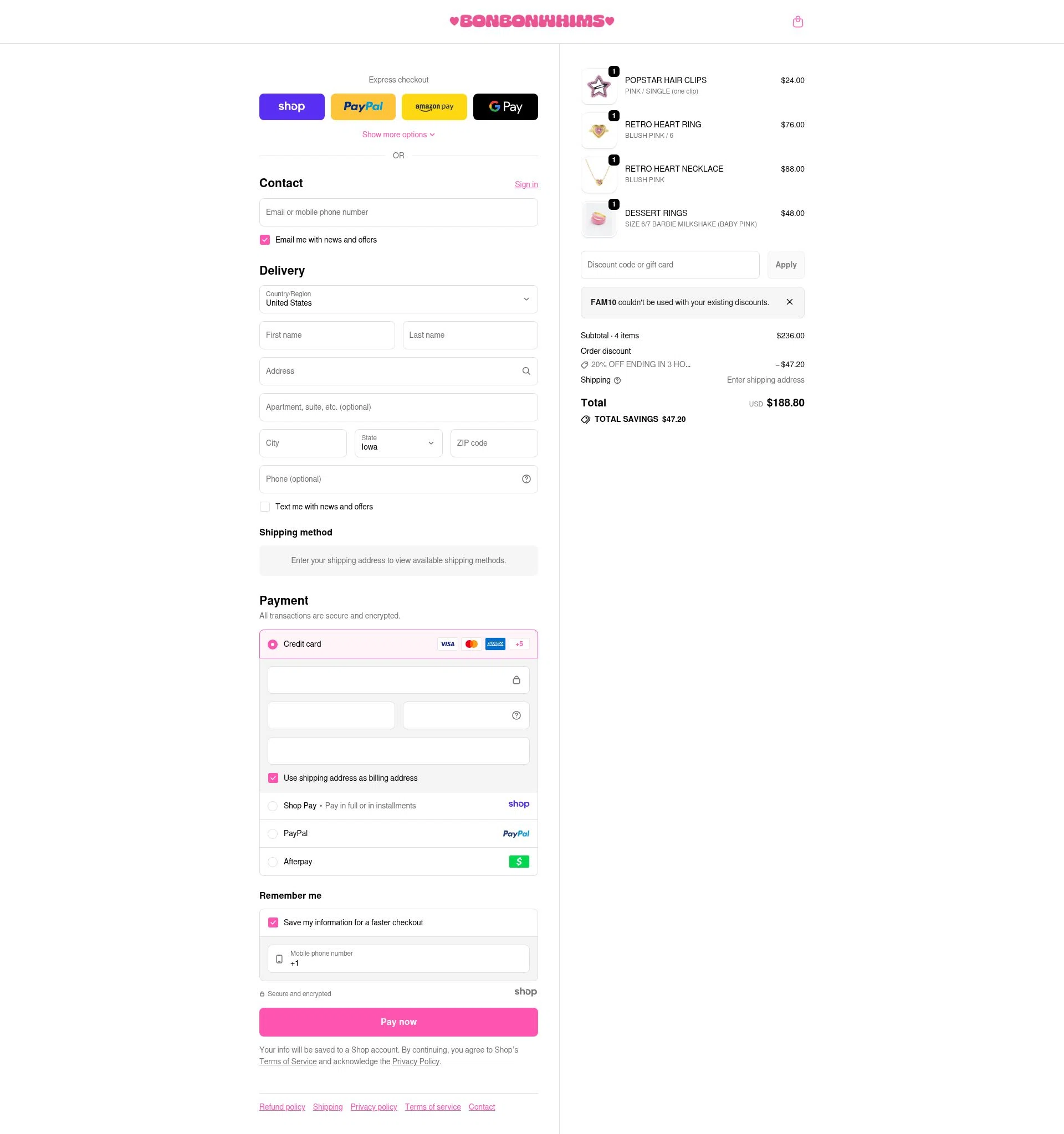 Bonbonwhims checkout page showing Bonbonwhims promo code box | Screenshot taken by SimplyCodes community member on Dec 30, 2025