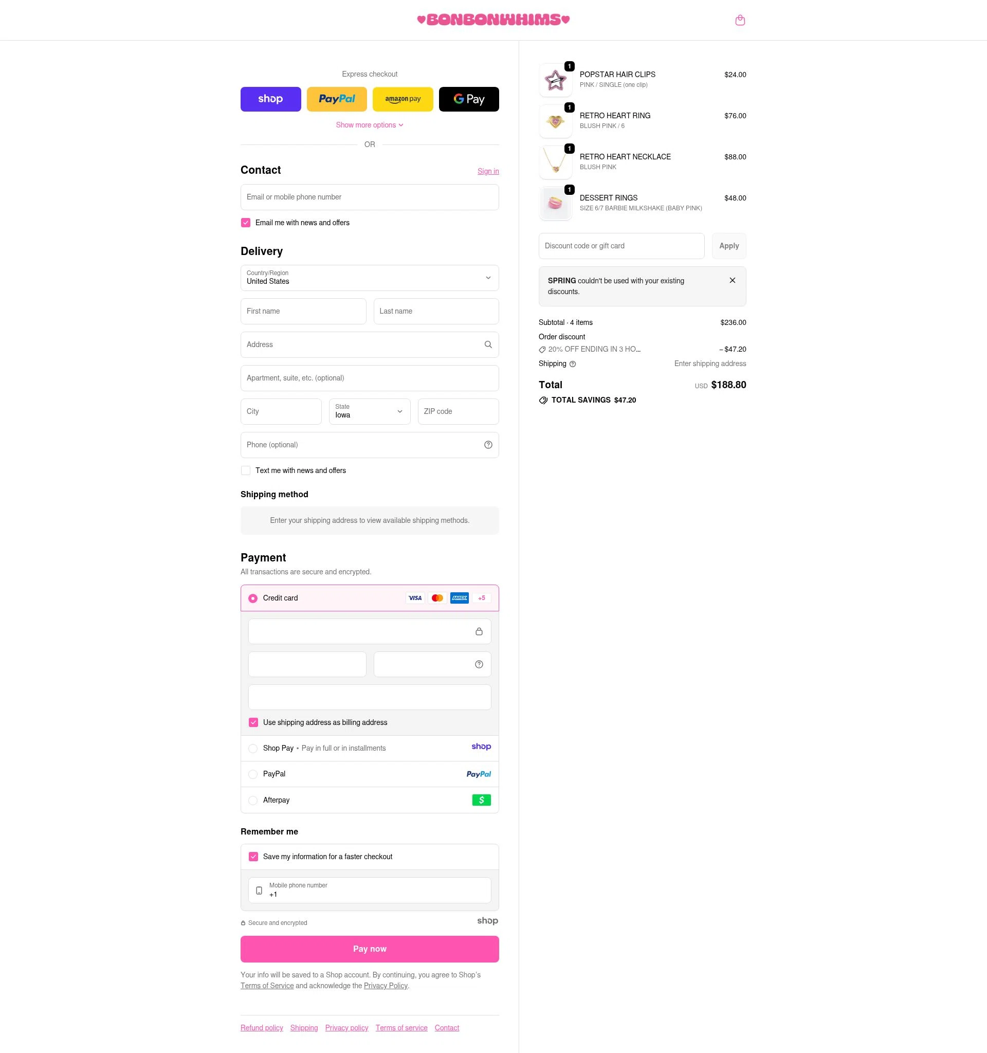 Bonbonwhims checkout page showing Bonbonwhims promo code box | Screenshot taken by SimplyCodes community member on Dec 30, 2025