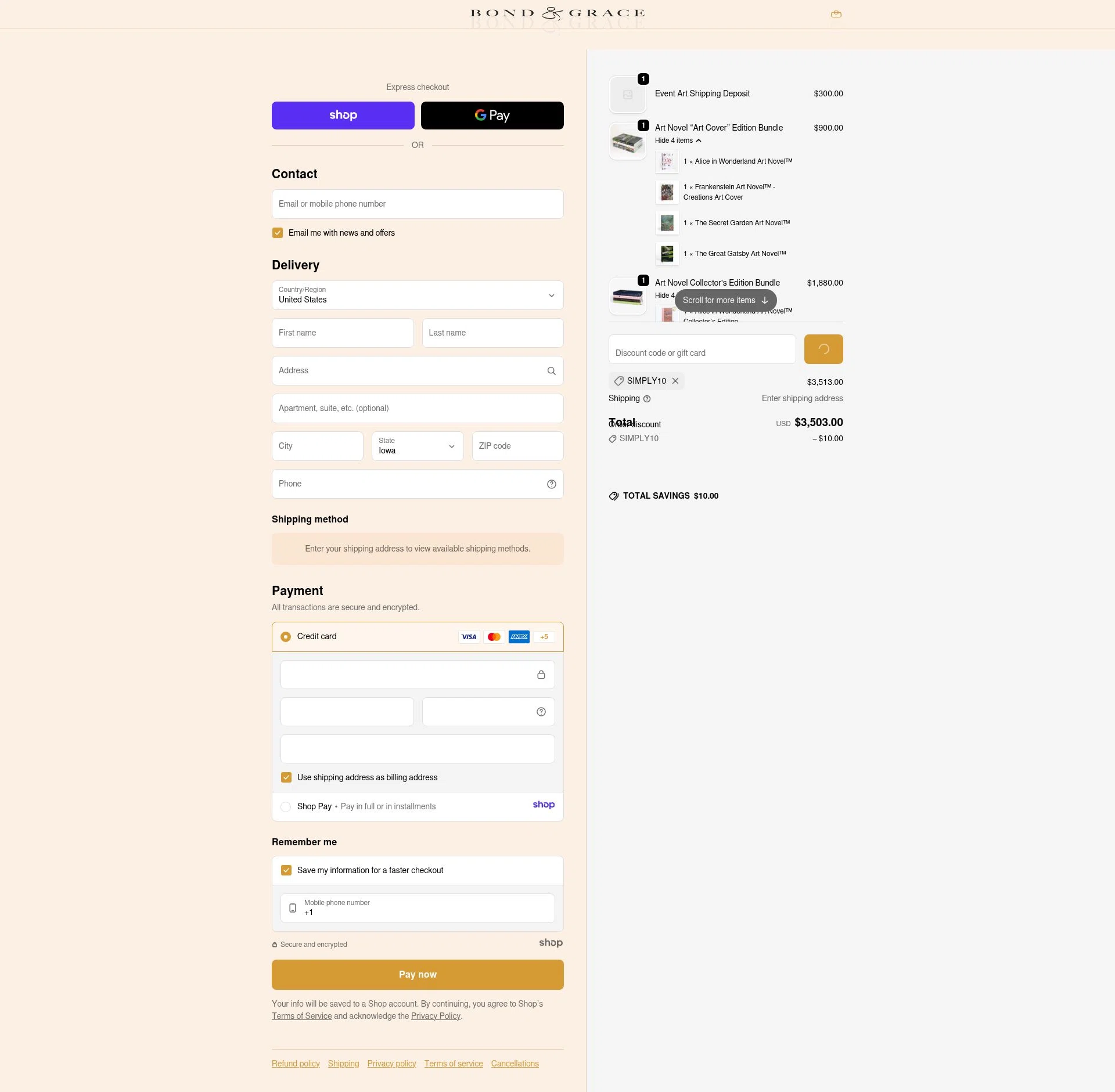 Bond & Grace checkout page showing Bond & Grace promo code box | Screenshot taken by SimplyCodes community member on Jan 8, 2026