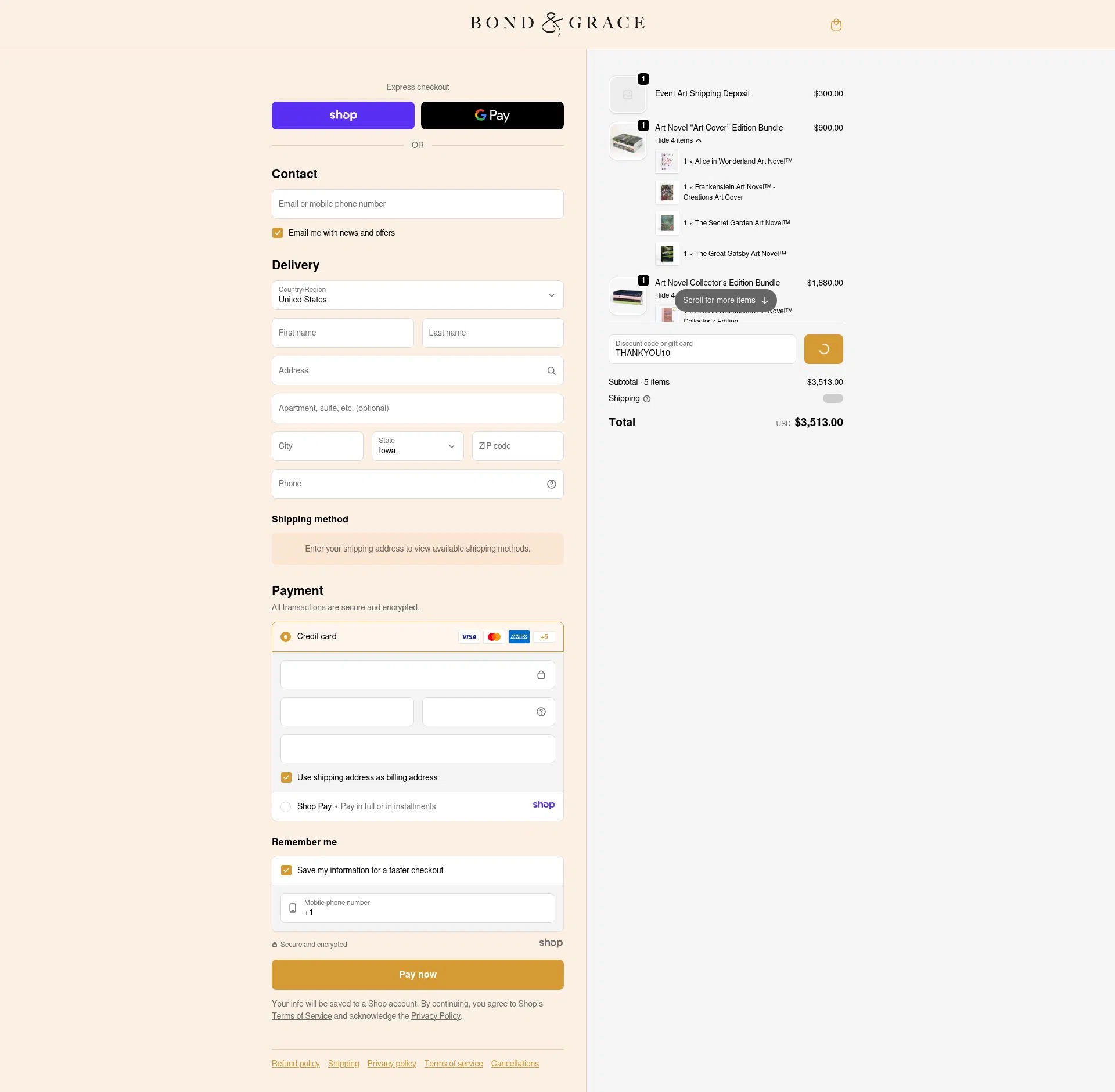 Bond & Grace checkout page showing Bond & Grace promo code box | Screenshot taken by SimplyCodes community member on Jan 3, 2026