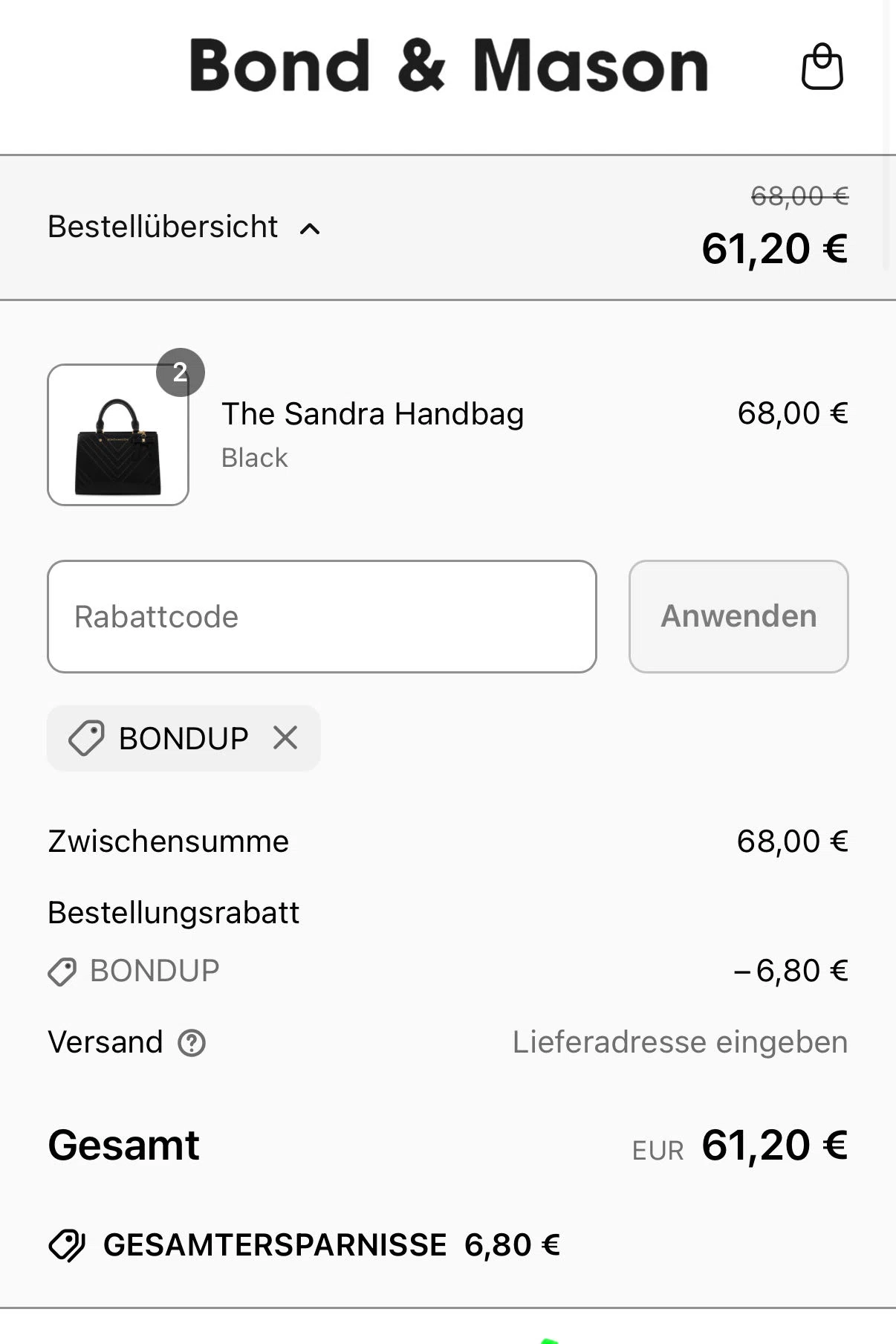 Bond & Mason promo code screenshot showing code BONDUP applied at Bond & Mason checkout page. Uploaded by SimplyCodes community member fakecode_hunter on Feb 23, 2026
