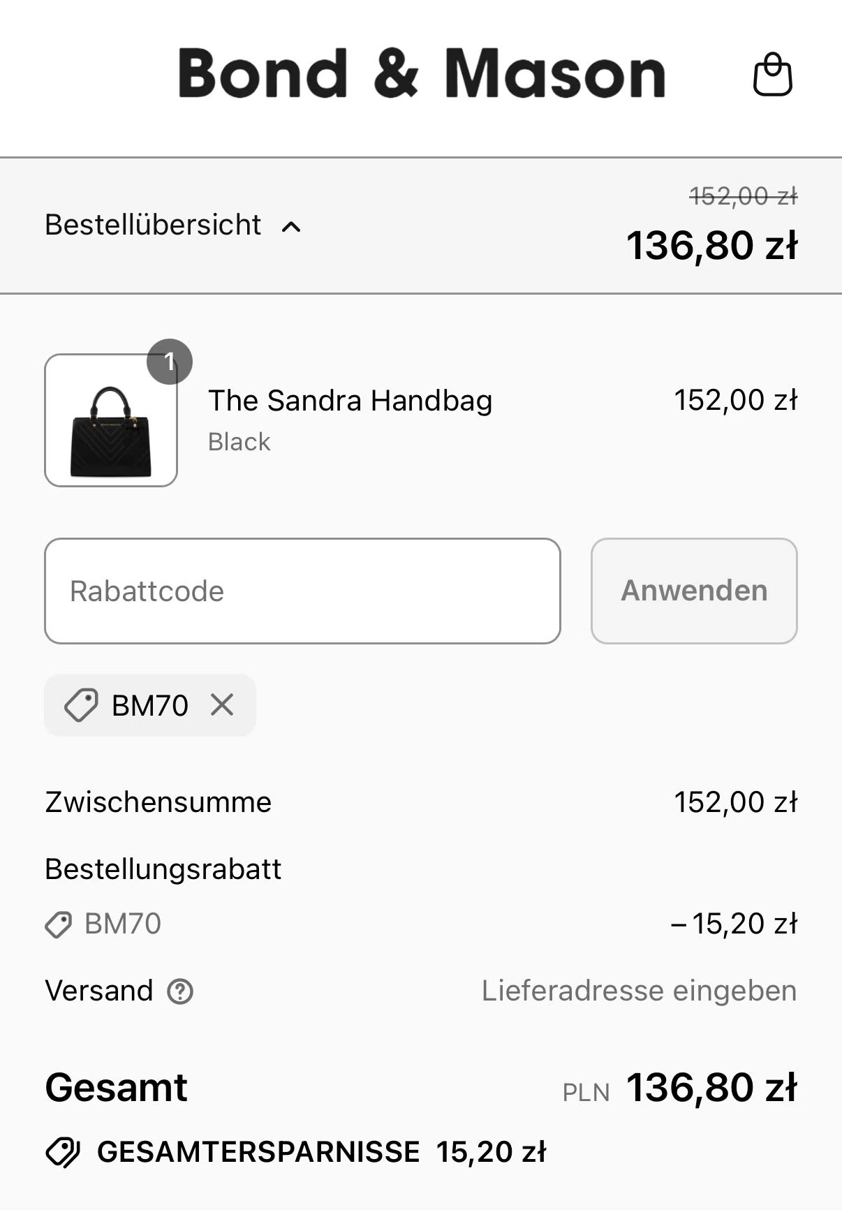 Bond & Mason promo code screenshot showing code BM70 applied at Bond & Mason checkout page. Uploaded by SimplyCodes community member fakecode_hunter on Feb 23, 2026