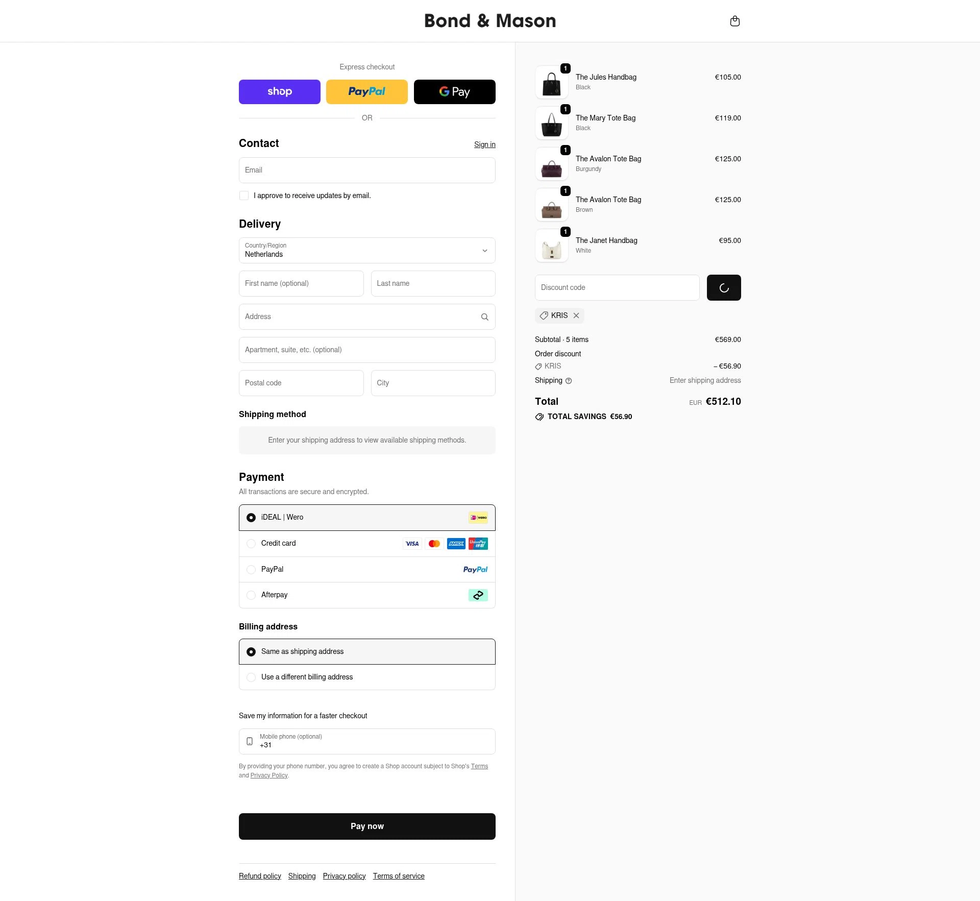 Bond & Mason checkout page showing Bond & Mason promo code box | Screenshot taken by SimplyCodes community member on Feb 24, 2026