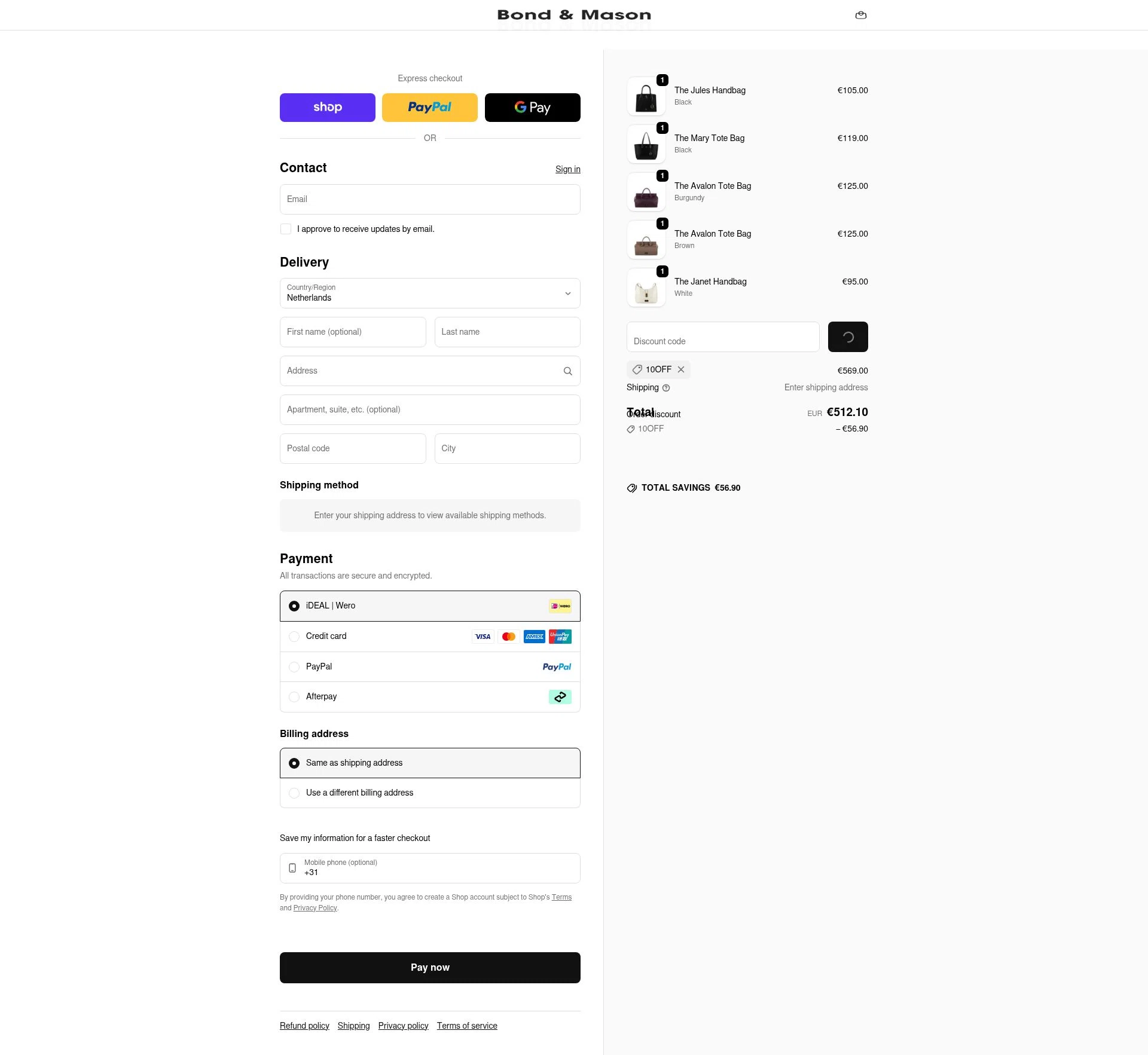 Bond & Mason checkout page showing Bond & Mason promo code box | Screenshot taken by SimplyCodes community member on Feb 24, 2026