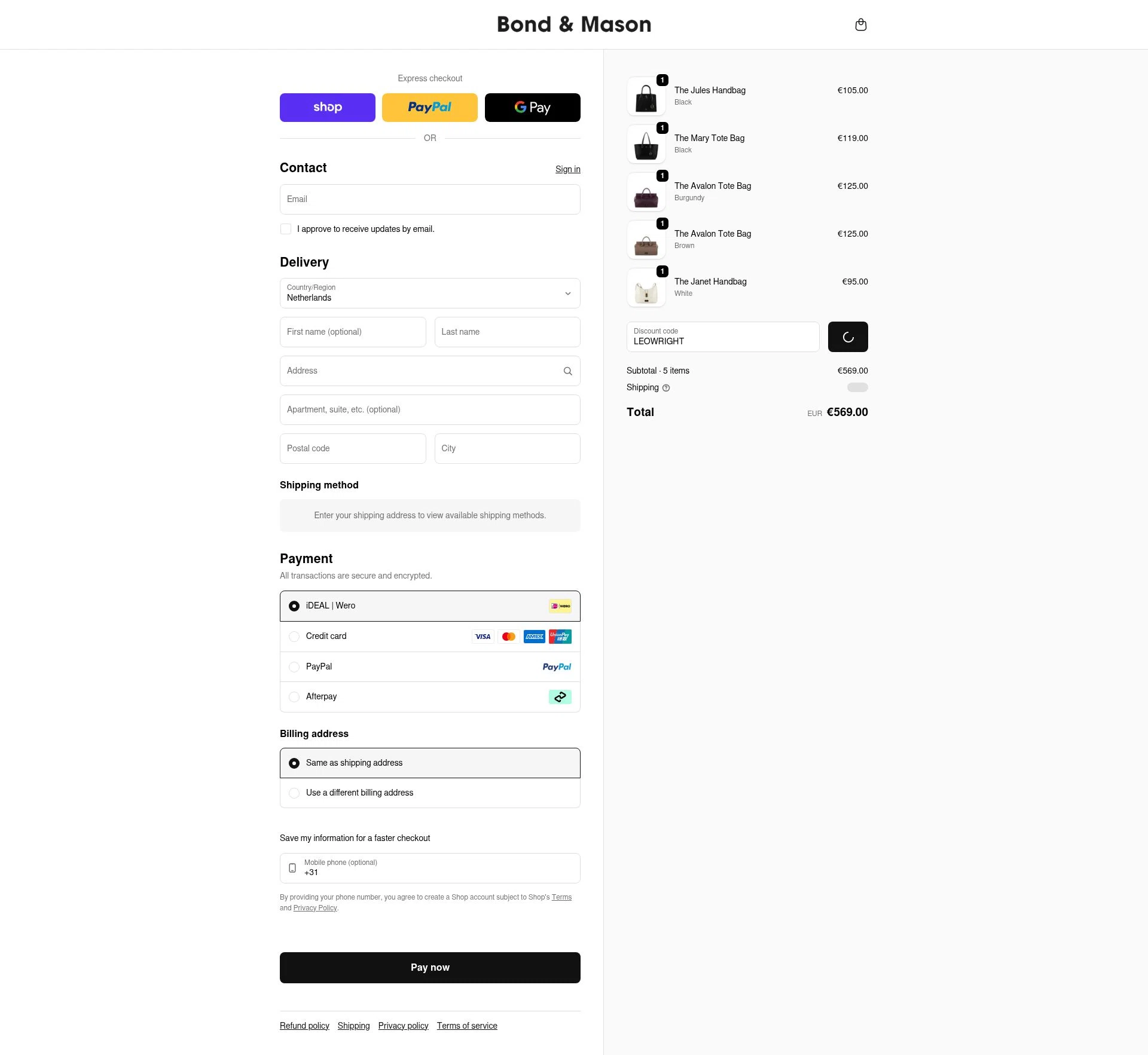 Bond & Mason checkout page showing Bond & Mason promo code box | Screenshot taken by SimplyCodes community member on Feb 24, 2026