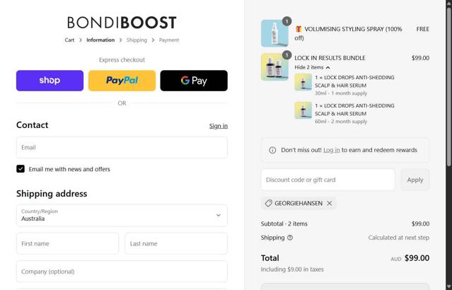 BondiBoost checkout page showing BondiBoost discount code box | Screenshot taken by SimplyCodes community member on Sep 11, 2025