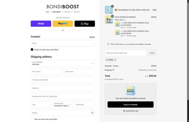 BondiBoost checkout page showing BondiBoost discount code box | Screenshot taken by SimplyCodes community member on Sep 10, 2025