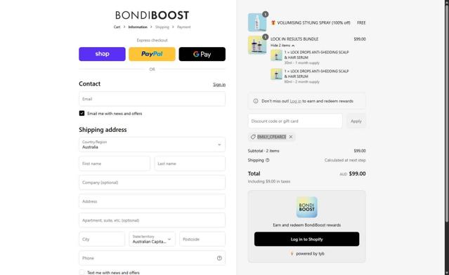 BondiBoost checkout page showing BondiBoost discount code box | Screenshot taken by SimplyCodes community member on Sep 11, 2025