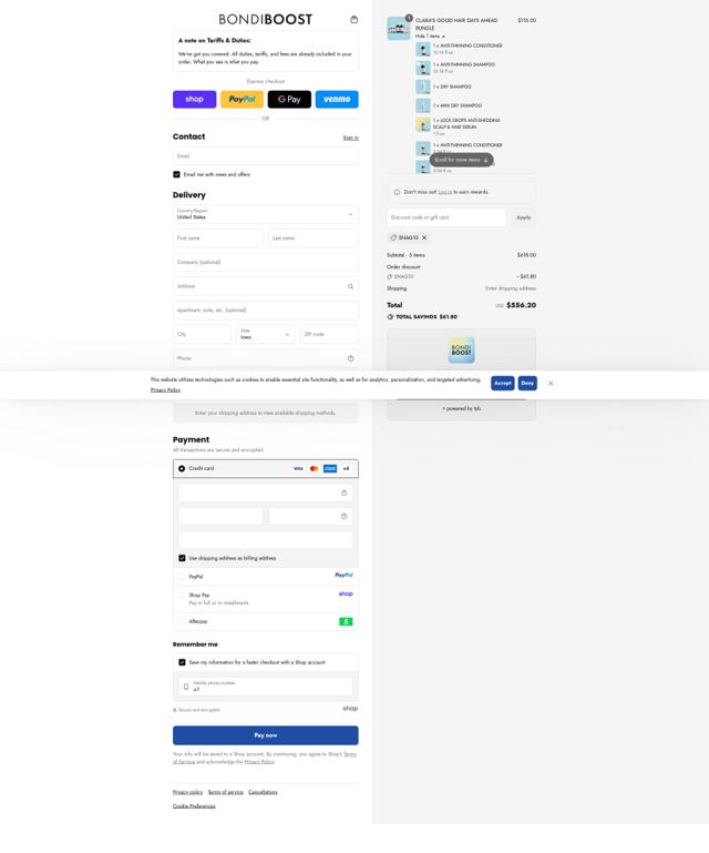 BondiBoost US checkout page showing BondiBoost US promo code box | Screenshot taken by SimplyCodes community member on Sep 11, 2025
