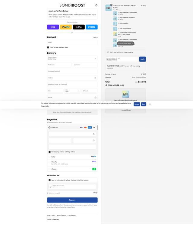 BondiBoost US checkout page showing BondiBoost US promo code box | Screenshot taken by SimplyCodes community member on Sep 11, 2025