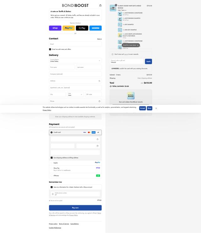 BondiBoost US checkout page showing BondiBoost US promo code box | Screenshot taken by SimplyCodes community member on Sep 11, 2025