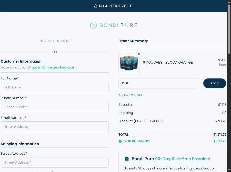 Bondi Pure checkout page showing Bondi Pure discount code box | Screenshot taken by SimplyCodes community member on Jan 29, 2026