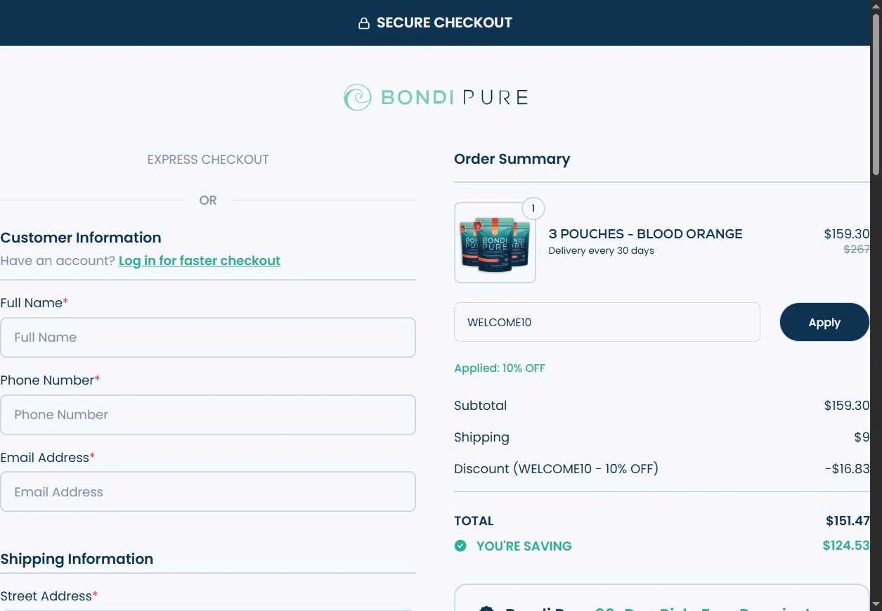 Bondi Pure checkout page showing Bondi Pure discount code box | Screenshot taken by SimplyCodes community member on Dec 31, 2025