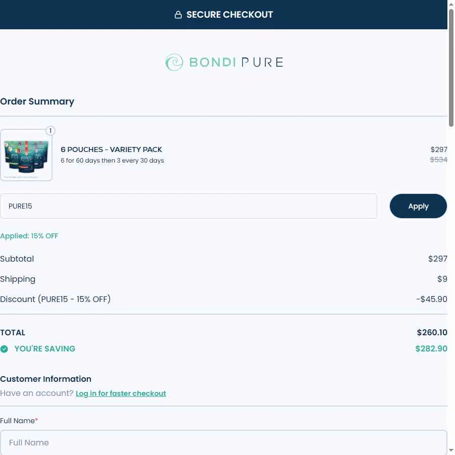 Bondi Pure checkout page showing Bondi Pure discount code box | Screenshot taken by SimplyCodes community member on Dec 31, 2025