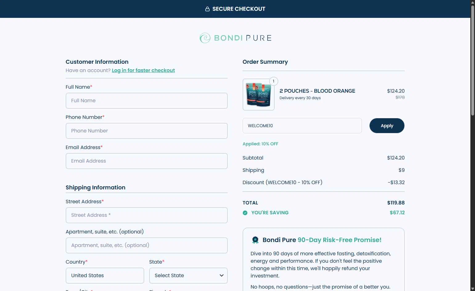 Bondi Pure checkout page showing Bondi Pure discount code box | Screenshot taken by SimplyCodes community member on Jan 29, 2026