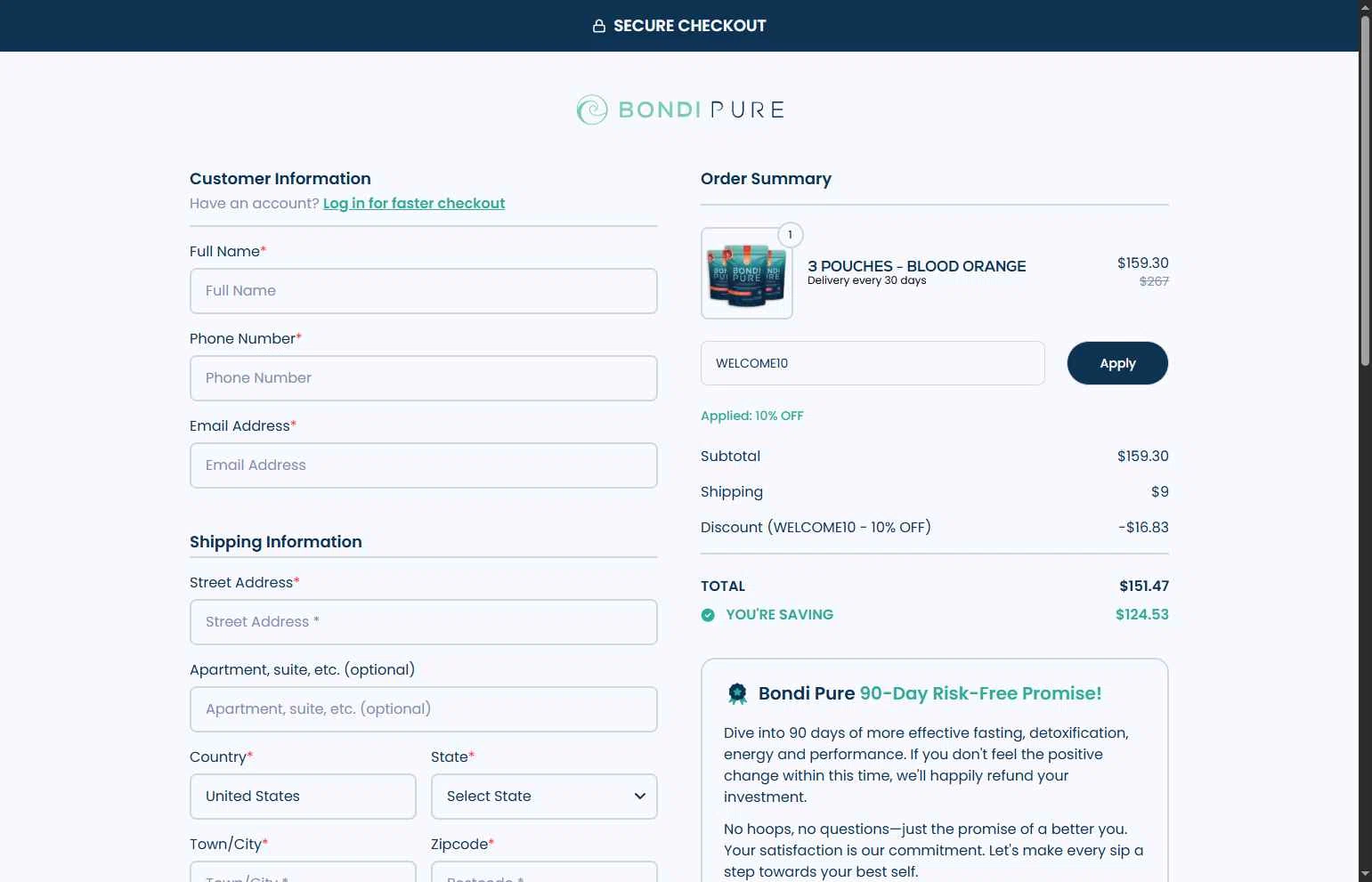Bondi Pure checkout page showing Bondi Pure discount code box | Screenshot taken by SimplyCodes community member on Dec 17, 2025