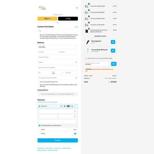 Bondi Sands US checkout page showing Bondi Sands US promo code box | Screenshot taken by SimplyCodes community member on Aug 27, 2025