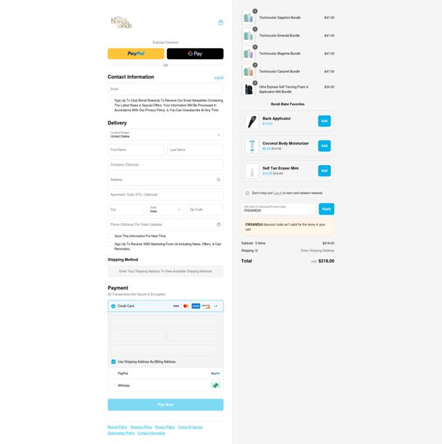Bondi Sands US checkout page showing Bondi Sands US promo code box | Screenshot taken by SimplyCodes community member on Aug 23, 2025