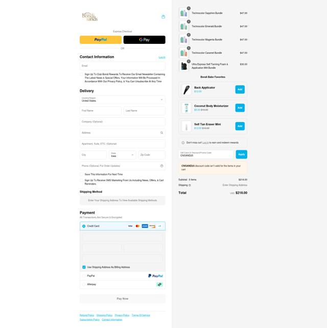 Bondi Sands US checkout page showing Bondi Sands US promo code box | Screenshot taken by SimplyCodes community member on Aug 1, 2025