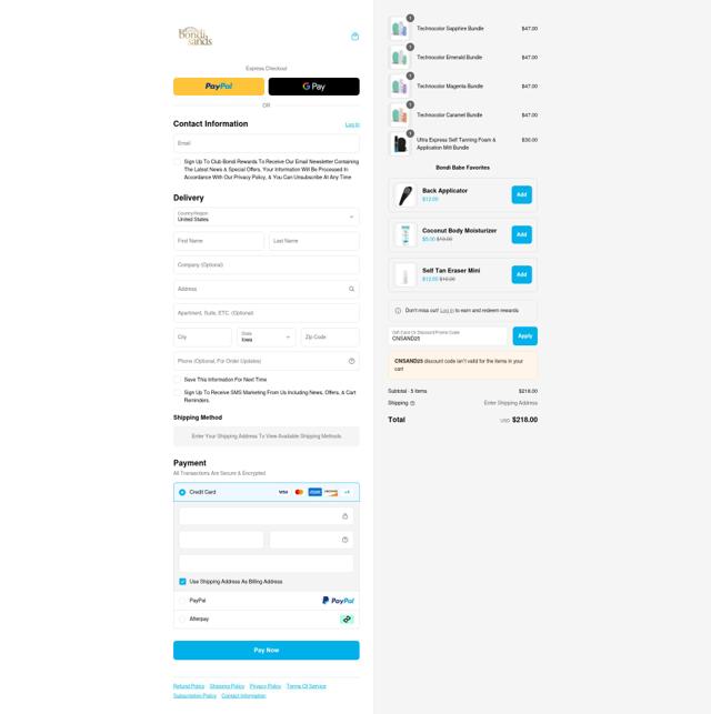 Bondi Sands US checkout page showing Bondi Sands US promo code box | Screenshot taken by SimplyCodes community member on Aug 9, 2025