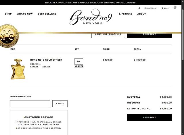 Bond No. 9 checkout page showing Bond No. 9 promo code box | Screenshot taken by SimplyCodes community member on May 7, 2025