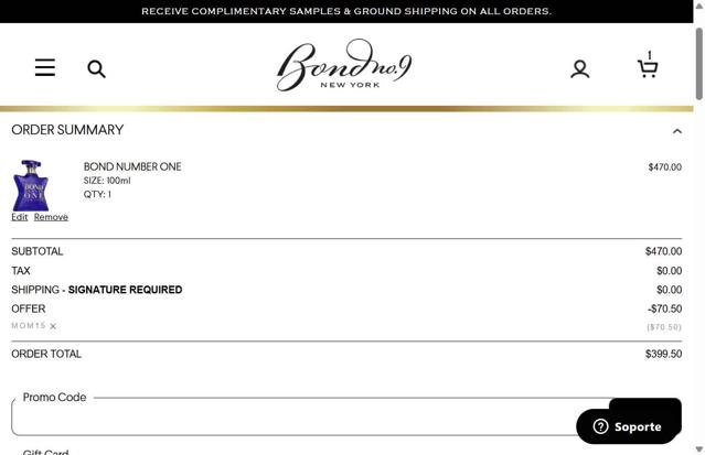 Bond No. 9 checkout page showing Bond No. 9 promo code box | Screenshot taken by SimplyCodes community member on May 7, 2025