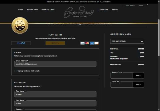 Bond No. 9 checkout page showing Bond No. 9 promo code box | Screenshot taken by SimplyCodes community member on May 7, 2025