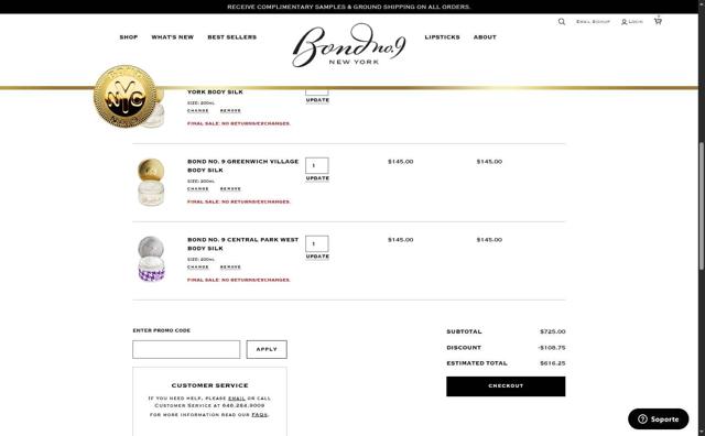 Bond No. 9 checkout page showing Bond No. 9 promo code box | Screenshot taken by SimplyCodes community member on May 7, 2025