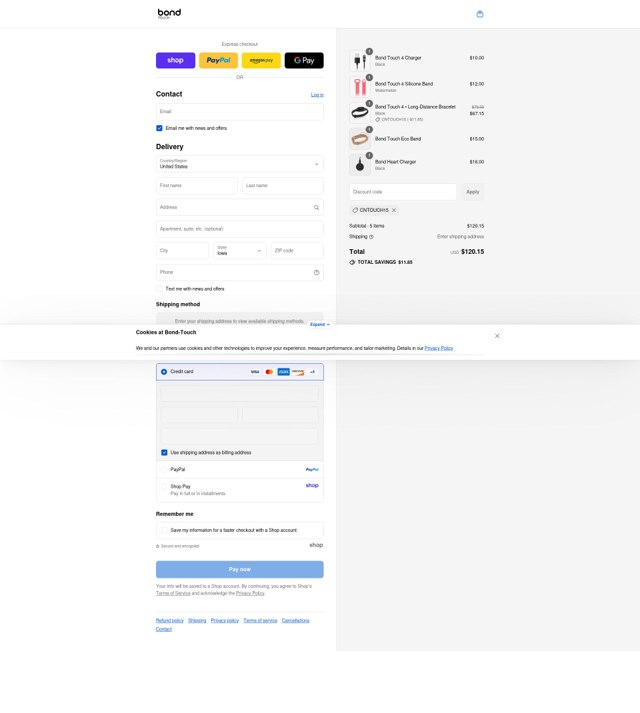 Bond Touch checkout page showing Bond Touch discount code box | Screenshot taken by SimplyCodes community member on Aug 29, 2025