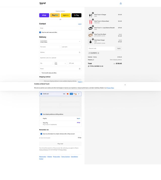 Bond Touch checkout page showing Bond Touch discount code box | Screenshot taken by SimplyCodes community member on Aug 29, 2025
