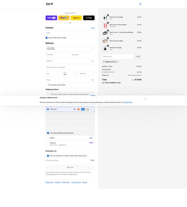 Bond Touch checkout page showing Bond Touch discount code box | Screenshot taken by SimplyCodes community member on Aug 25, 2025
