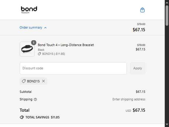 Bond Touch checkout page showing Bond Touch discount code box | Screenshot taken by SimplyCodes community member on Aug 24, 2025