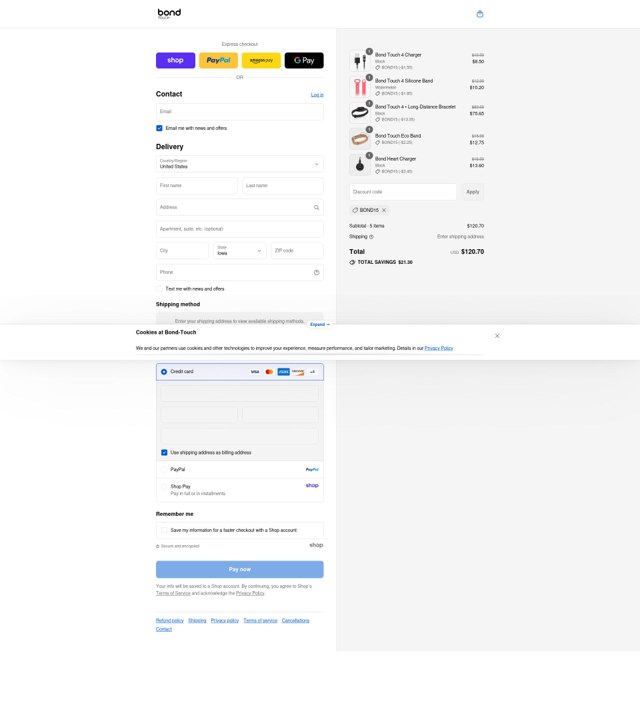 Bond Touch checkout page showing Bond Touch discount code box | Screenshot taken by SimplyCodes community member on Sep 2, 2025