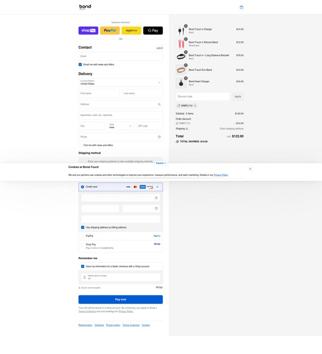 Bond Touch checkout page showing Bond Touch discount code box | Screenshot taken by SimplyCodes community member on Aug 25, 2025
